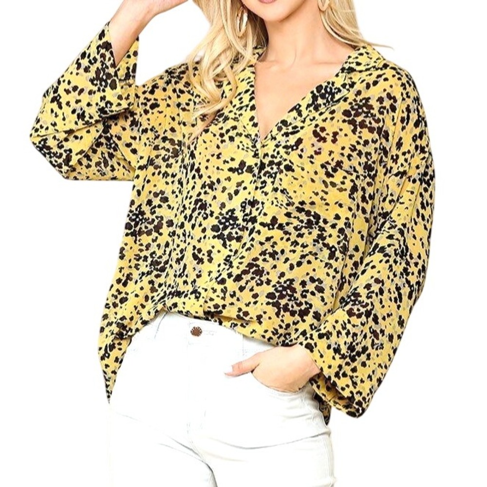 GIGIO USA Yellow GEORGETTE Animal Print BUTTON-UP 1-Pocket BLOUSE/Top Sz M